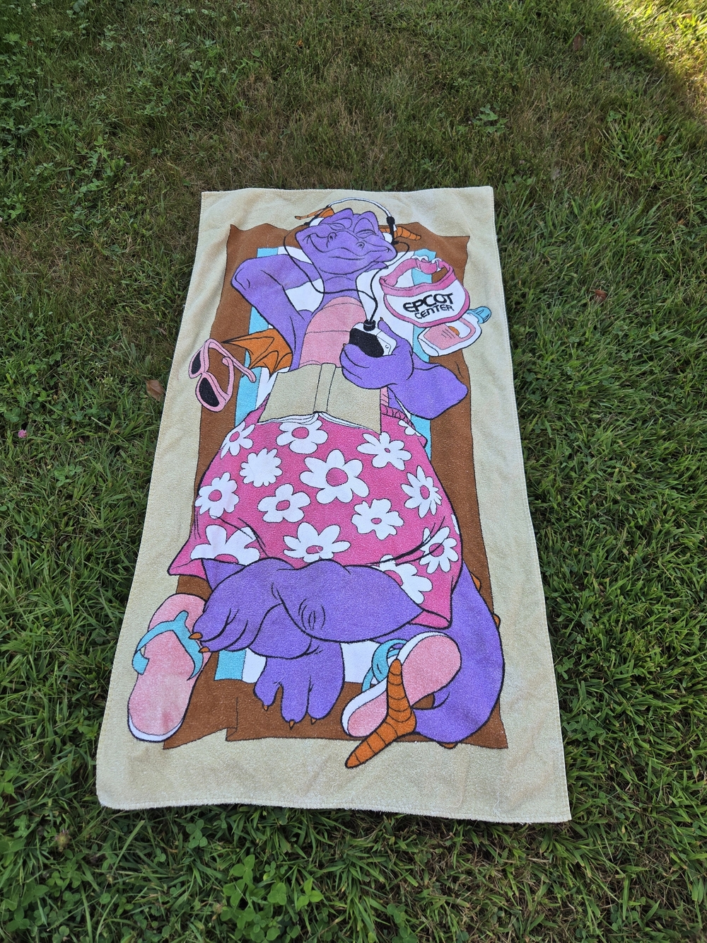 Vintage Rare Disney Purple Figment Beach Towel with Pink Floral Skirt